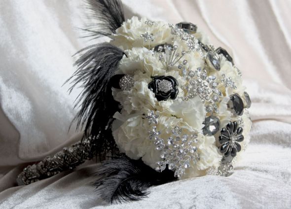 A Bridal Bouquet Made of Vintage Brooches and Feathers 